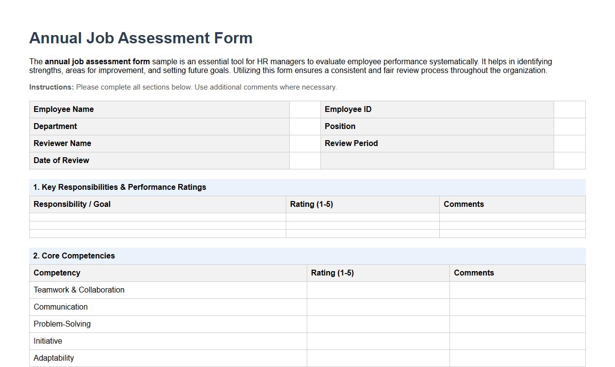 Annual job assessment form sample for HR managers image preview