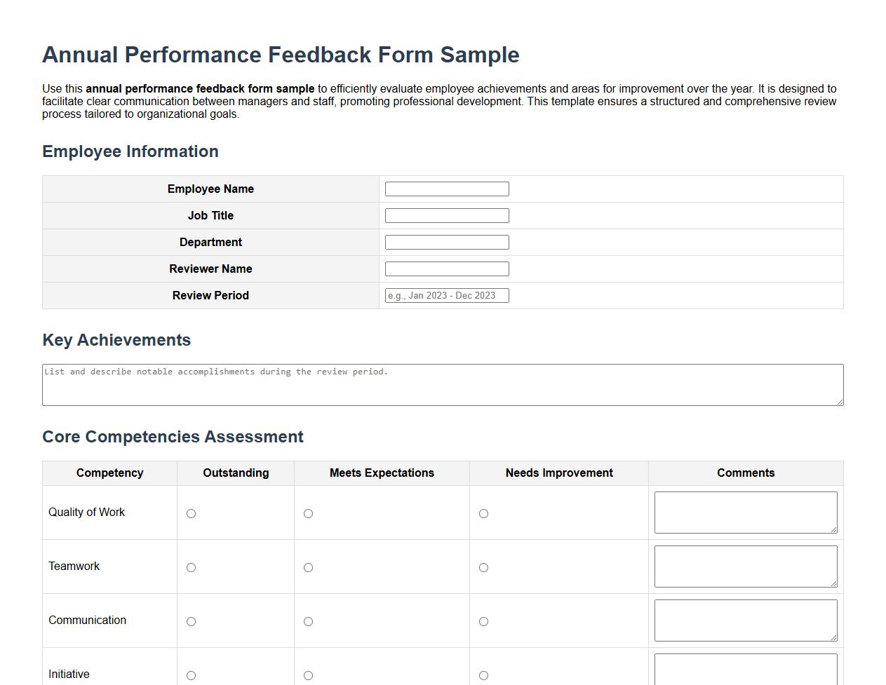 annual performance feedback form sample image preview
