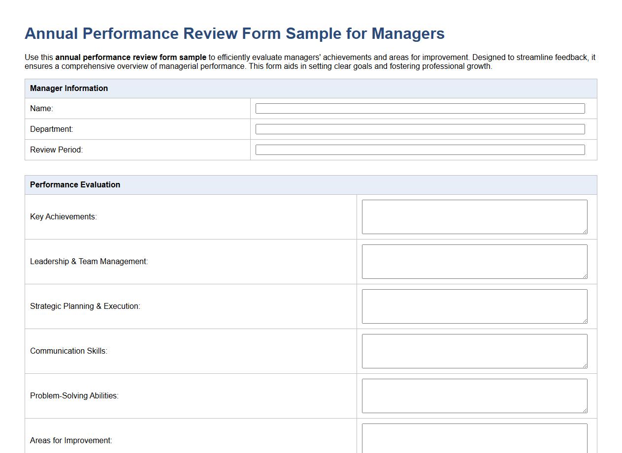 Annual performance review form sample for managers image preview