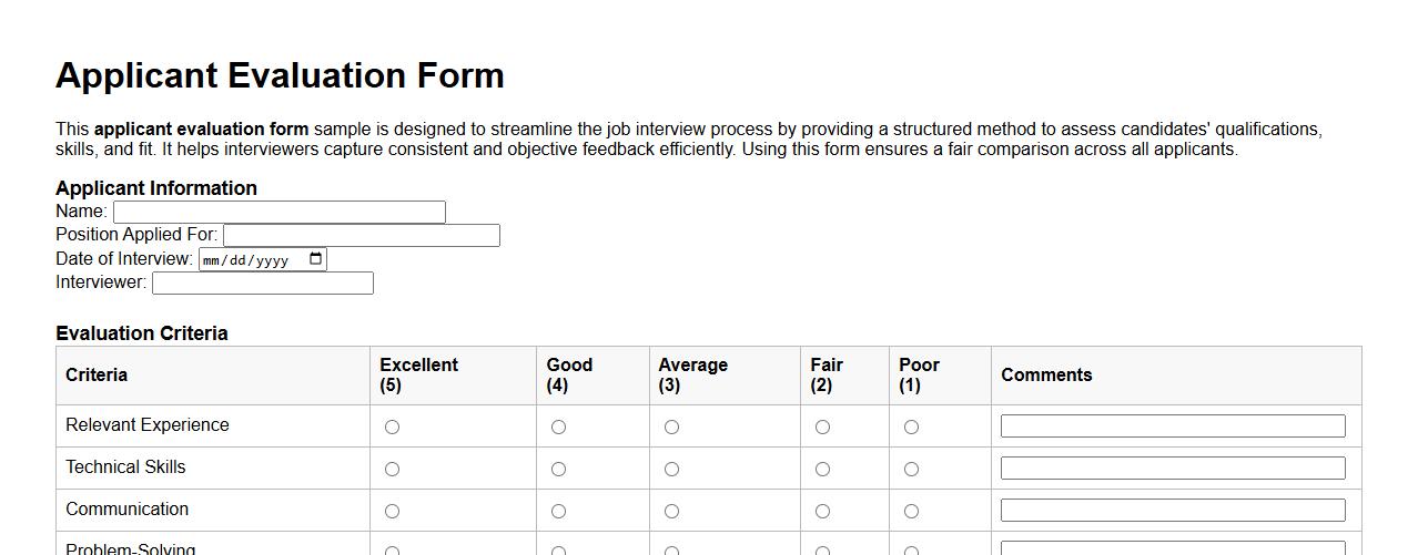 applicant evaluation form sample for job interview image preview