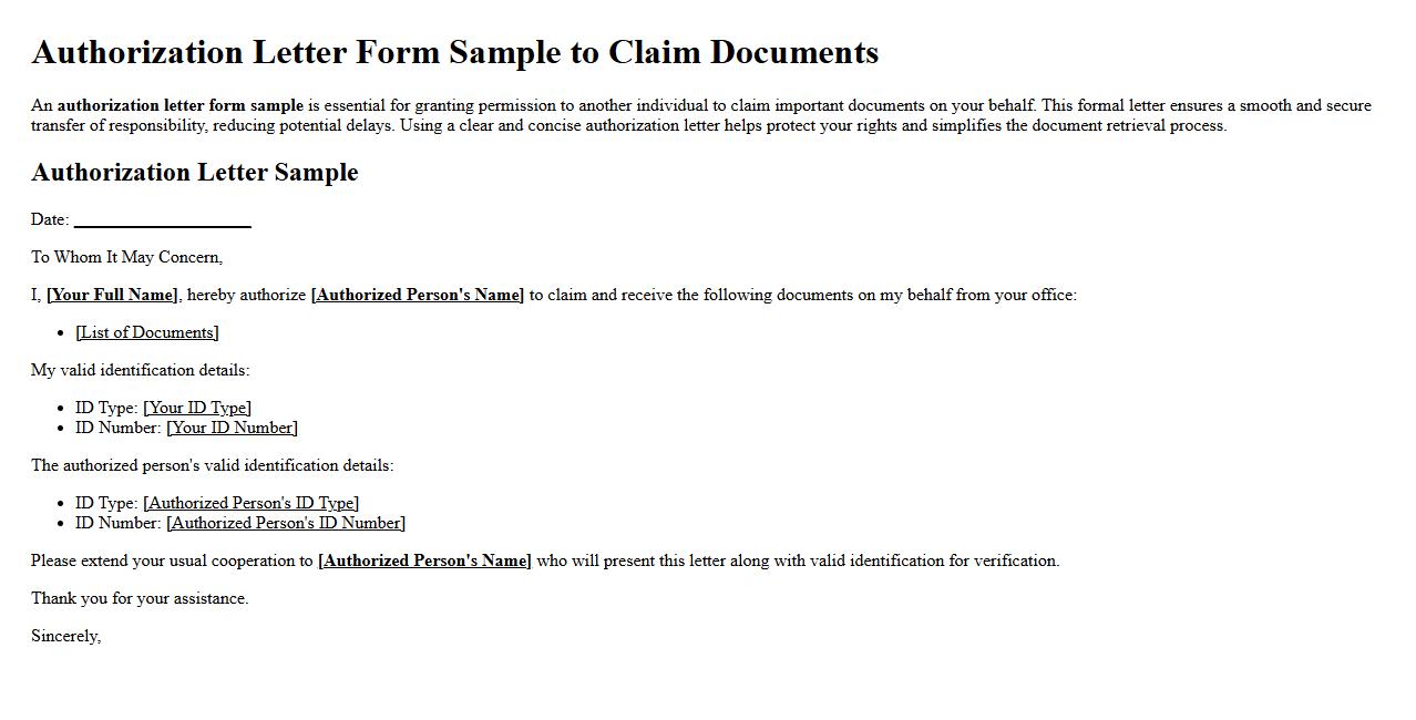 Authorization letter form sample to claim documents image preview