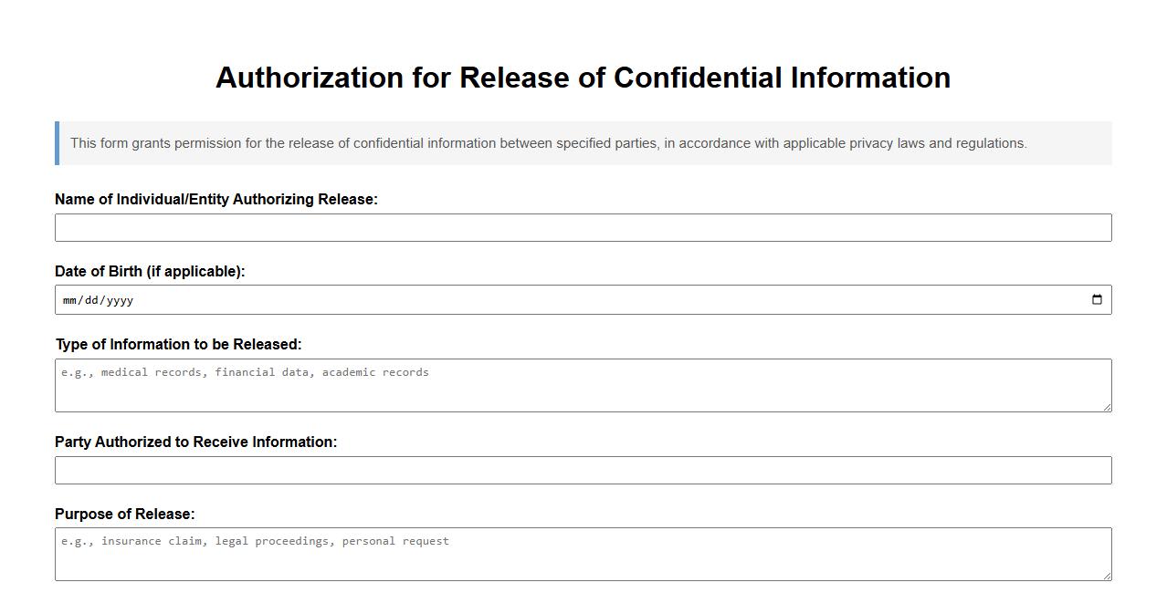 Authorization for release of confidential information form sample image preview