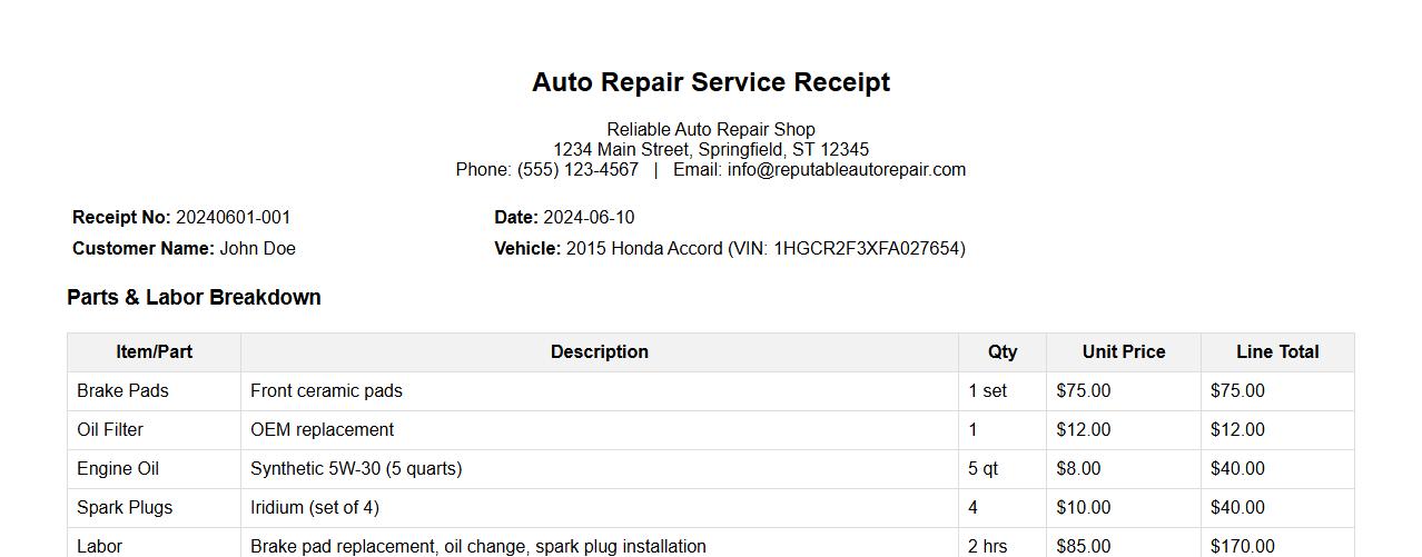 auto repair service receipt with parts breakdown image preview