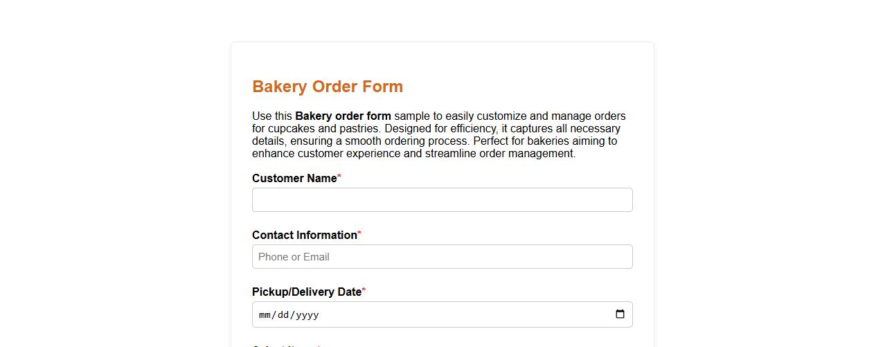 Bakery order form sample for cupcakes and pastries image preview