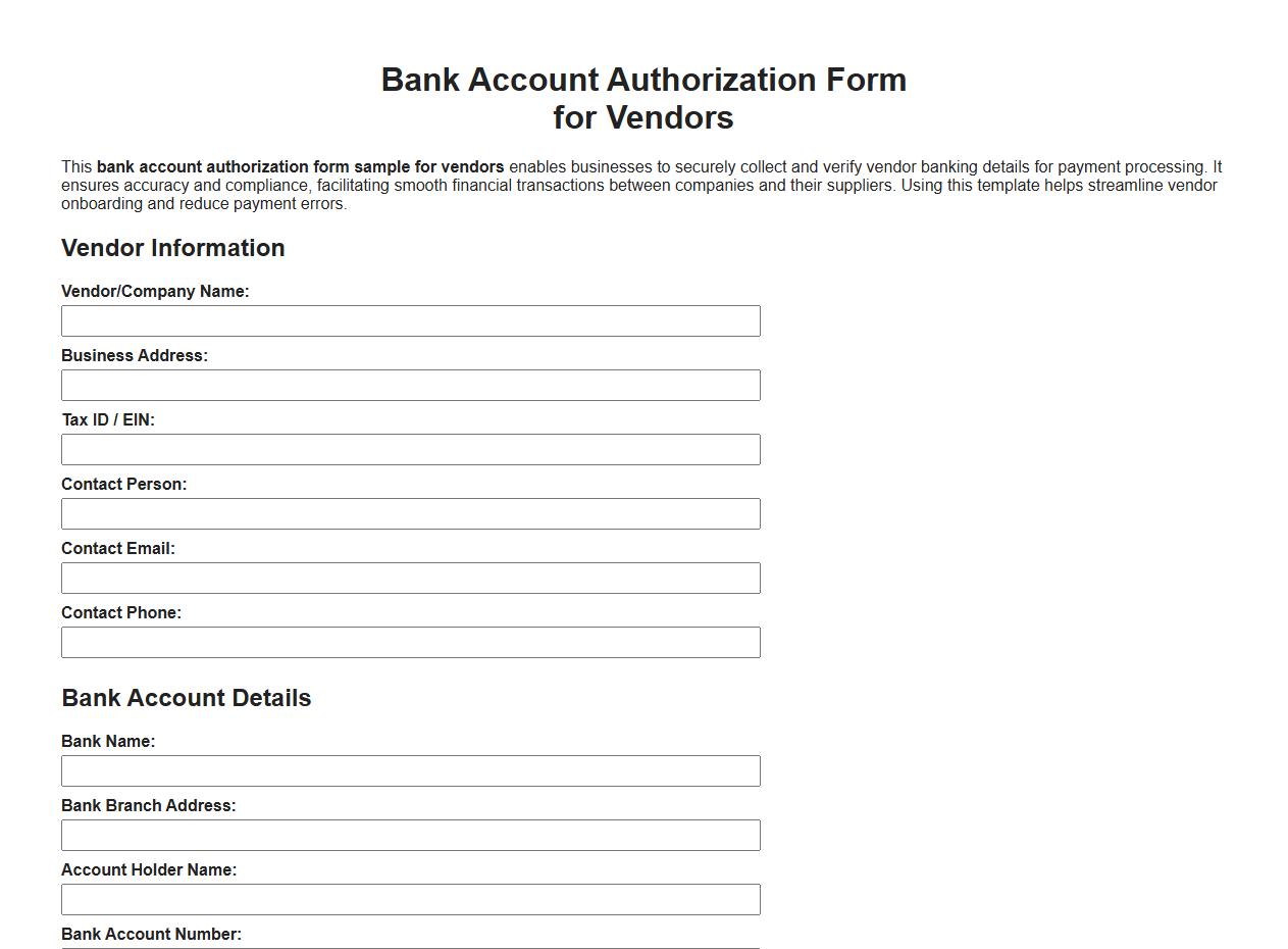 bank account authorization form sample for vendors image preview