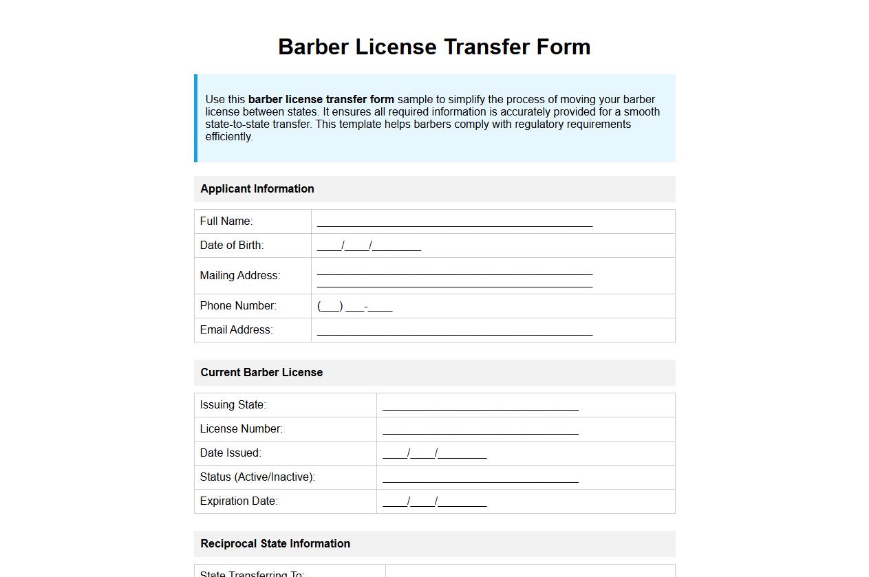 barber license transfer form sample between states image preview