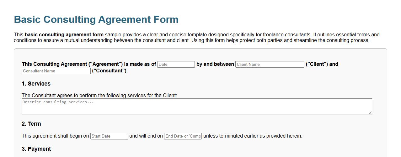 basic consulting agreement form sample for freelance consultants image preview