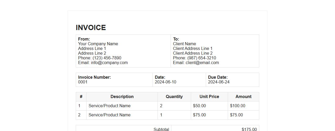 Basic simple invoice template Word image preview