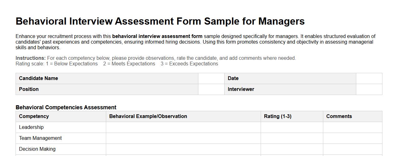 Behavioral interview assessment form sample for managers image preview