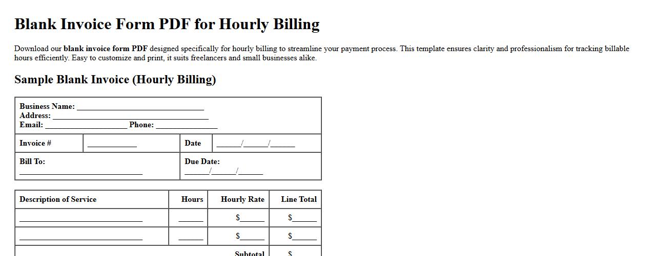 Blank invoice form PDF for hourly billing image preview