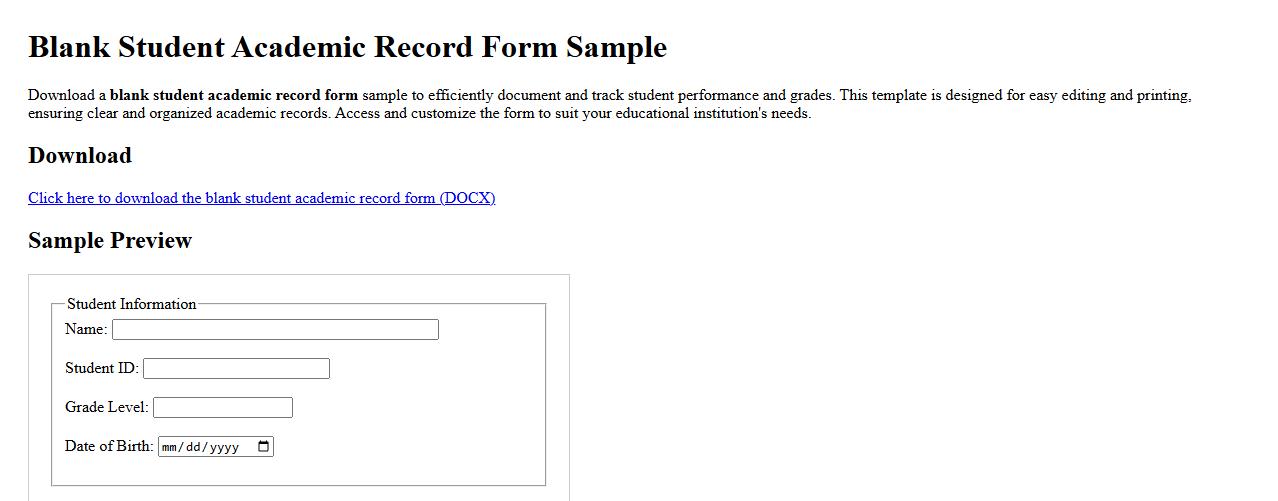Blank student academic record form sample for download image preview