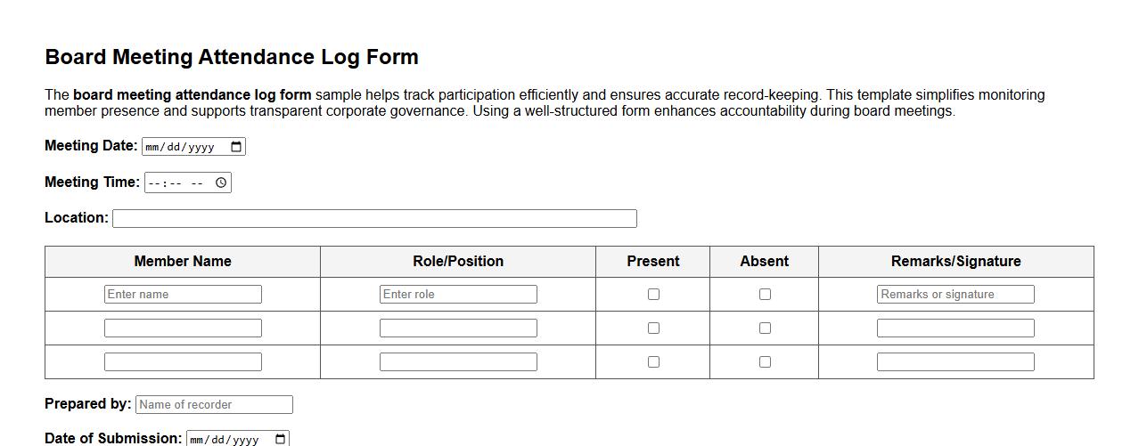 board meeting attendance log form sample image preview