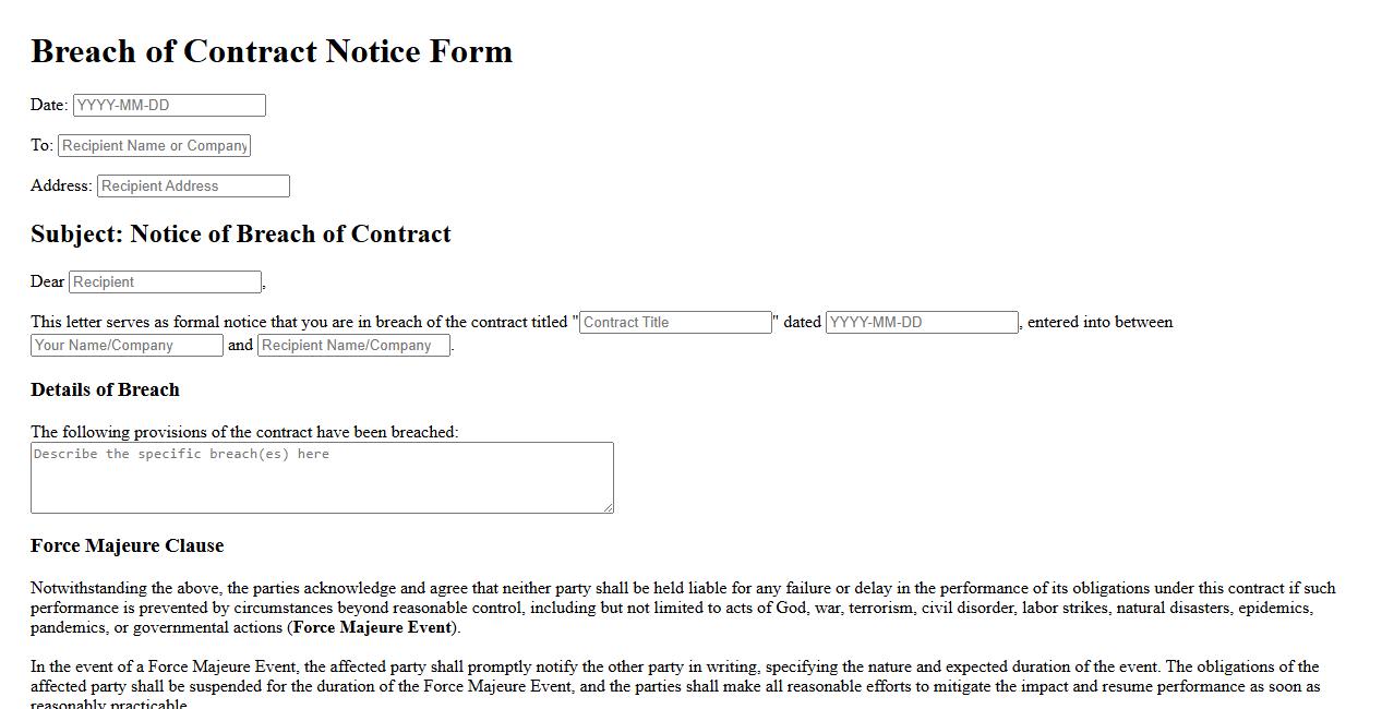 Breach of contract notice form sample with force majeure clause image preview