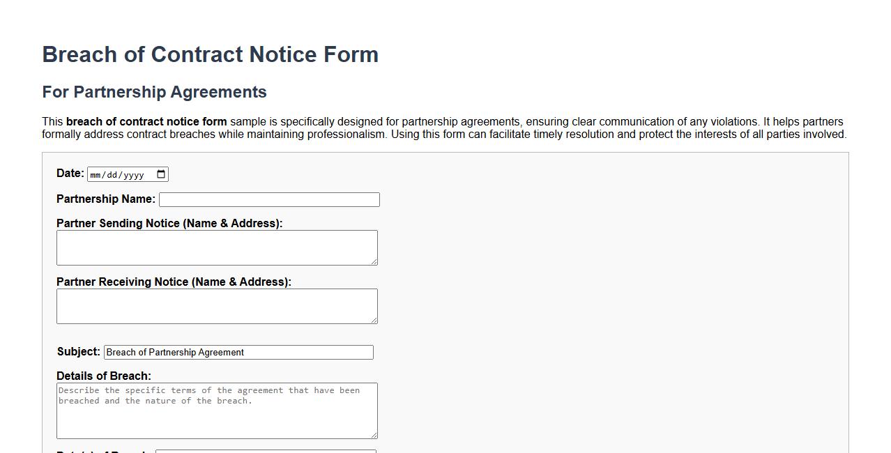 Breach of contract notice form sample for partnership agreements image preview