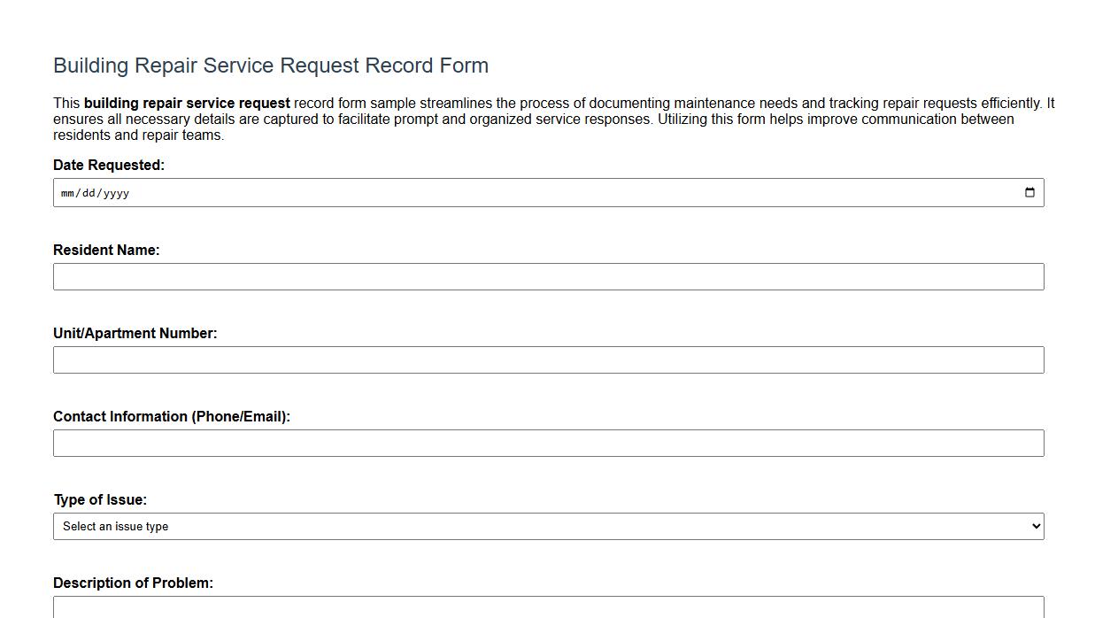 building repair service request record form sample image preview