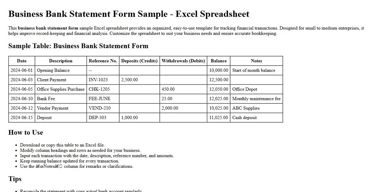 business bank statement form sample excel spreadsheet image preview