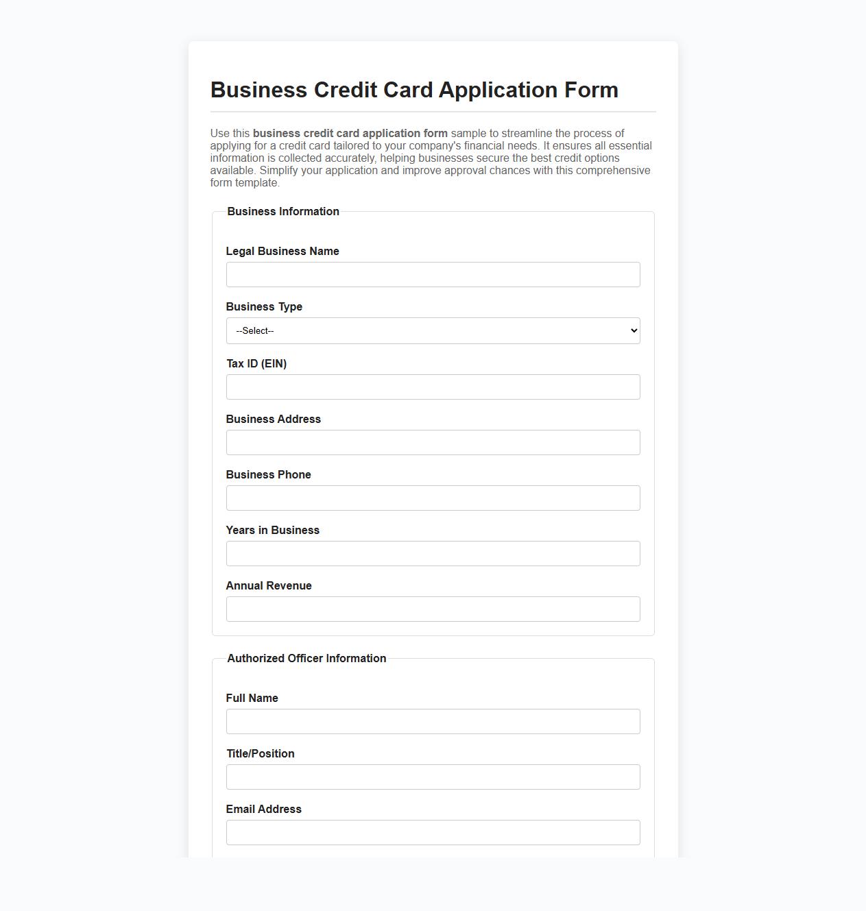 Business credit card application form sample image preview