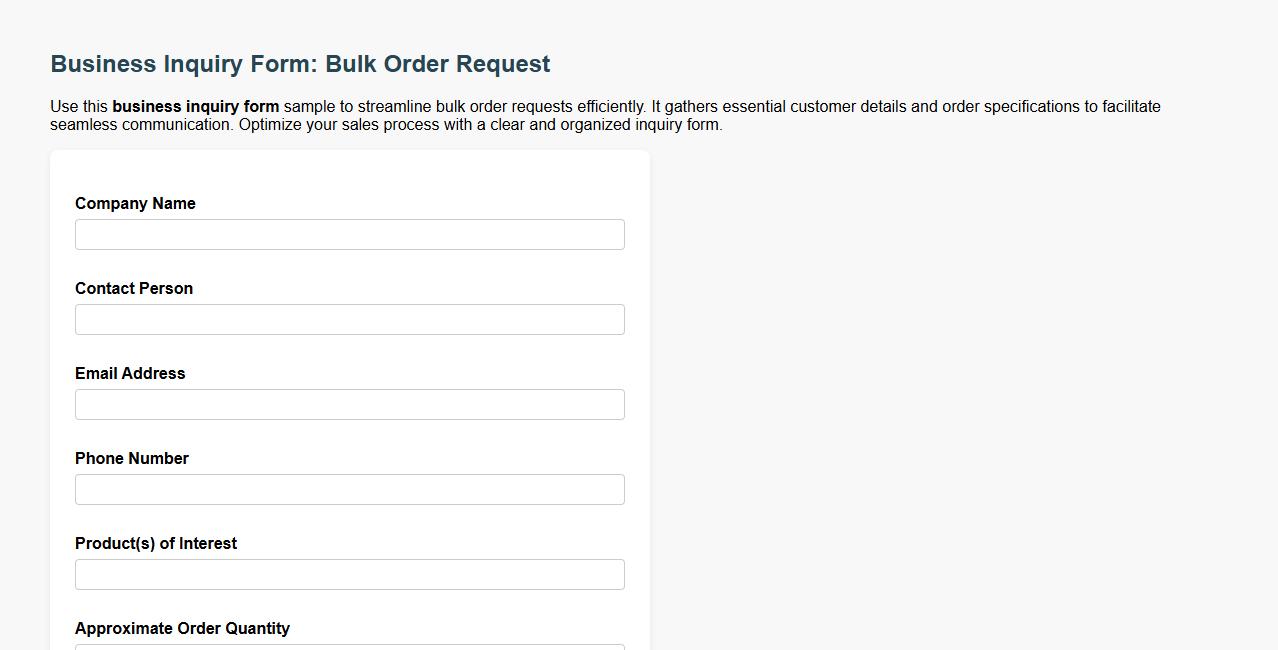 Business inquiry form sample for bulk order requests image preview