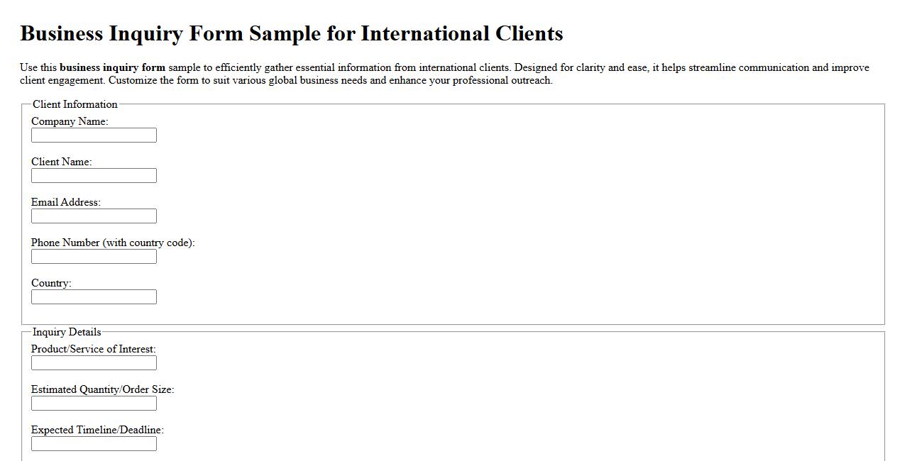 Business inquiry form sample for international clients image preview