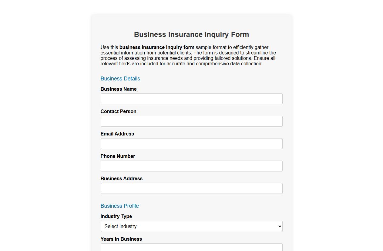 Business insurance inquiry form sample format image preview