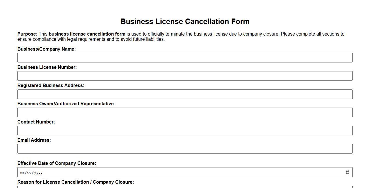 Business license cancellation form sample due to company closure image preview