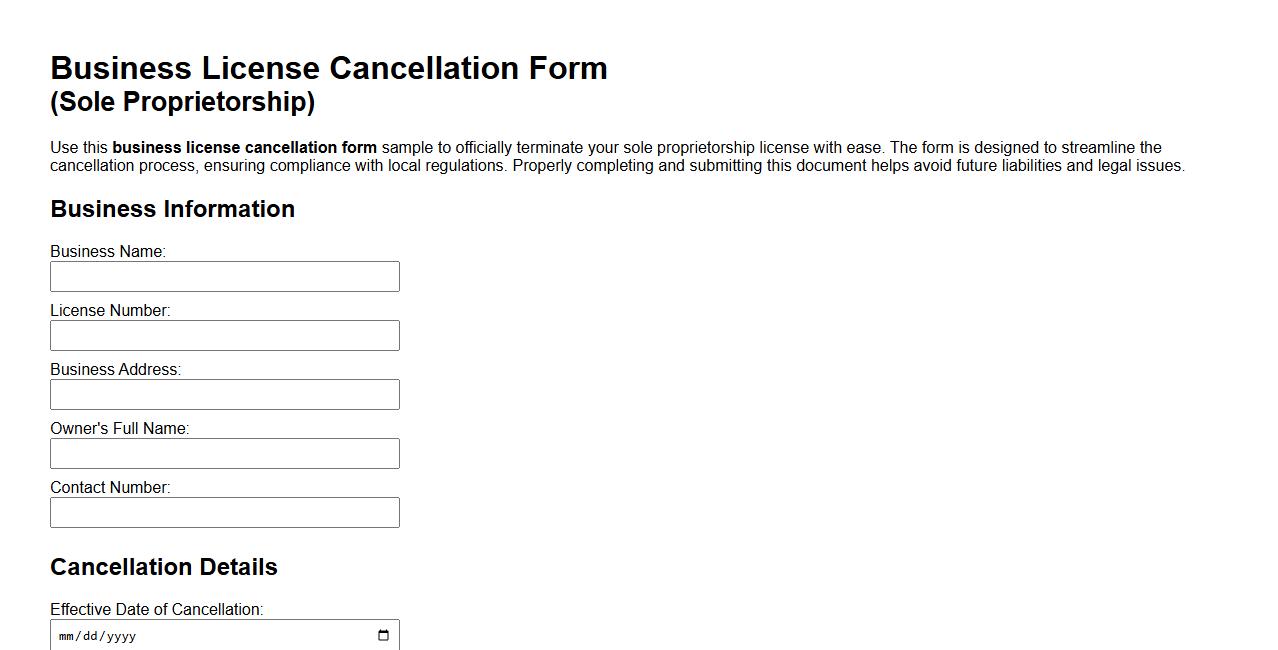 Business license cancellation form sample for sole proprietorship image preview