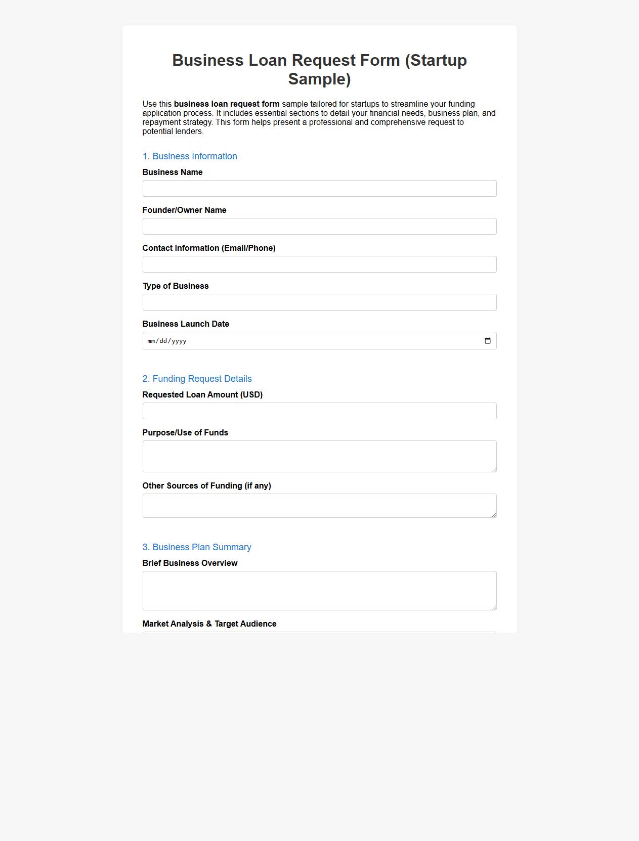 Business loan request form sample for startups image preview