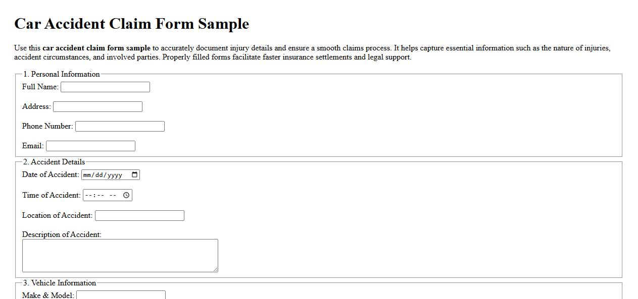 Car accident claim form sample with injury details image preview