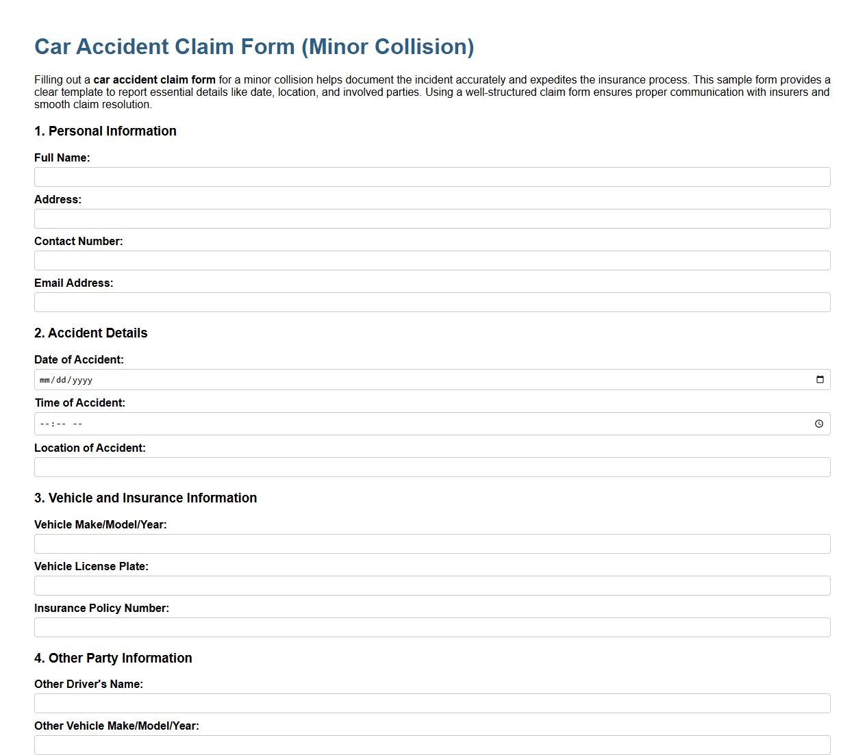 Car accident claim form sample for minor collision image preview