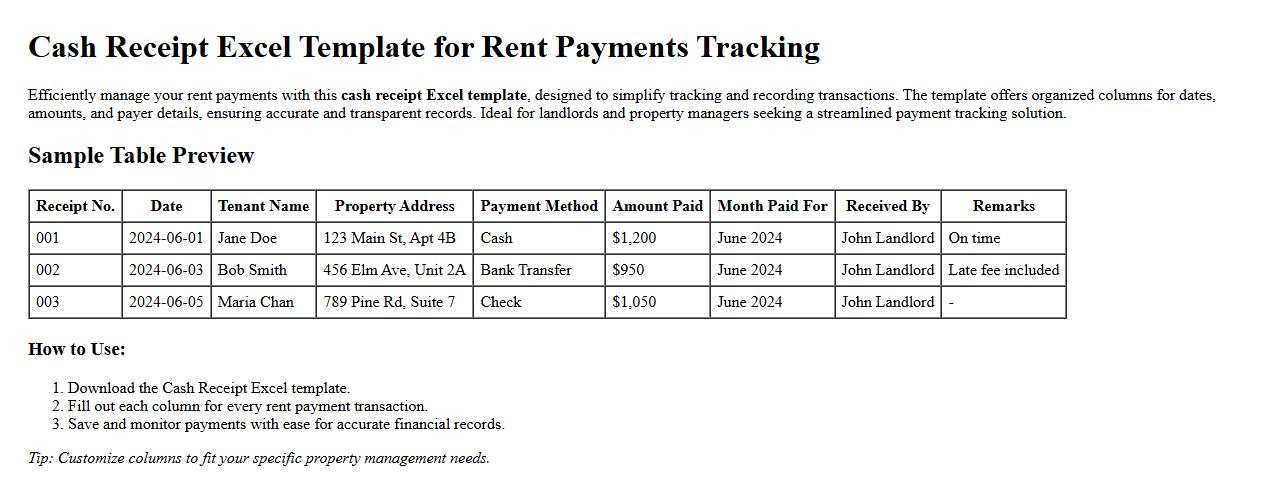 cash receipt excel template for rent payments tracking image preview