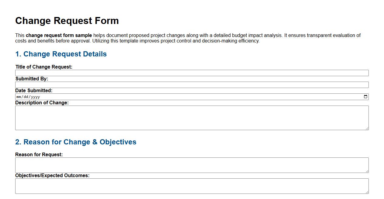 Change request form sample including budget impact analysis image preview
