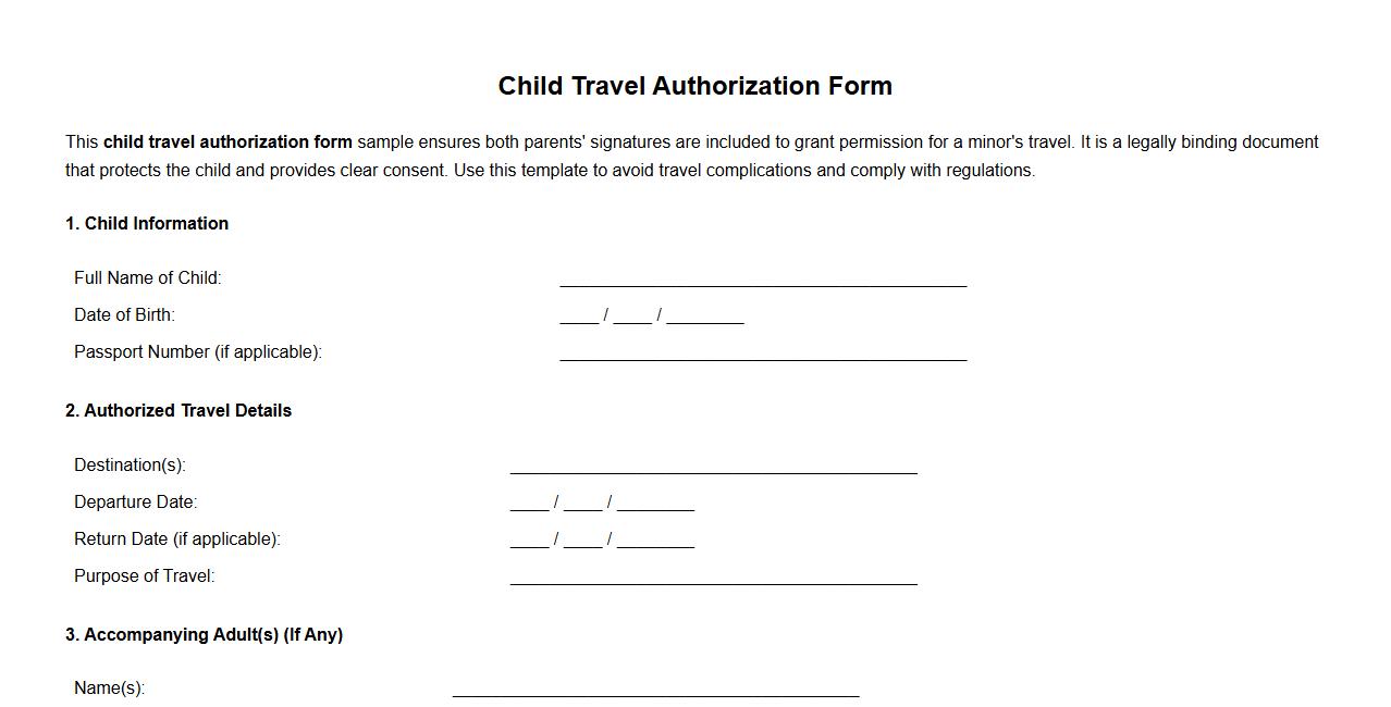 Child travel authorization form sample with both parents' signatures image preview