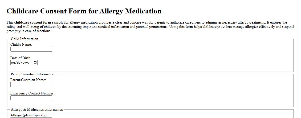 Childcare consent form sample for allergy medication image preview