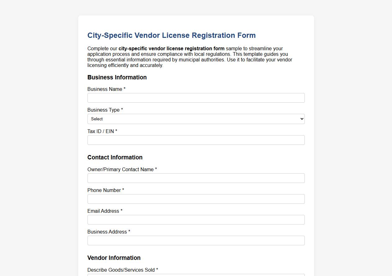 city-specific vendor license registration form sample image preview