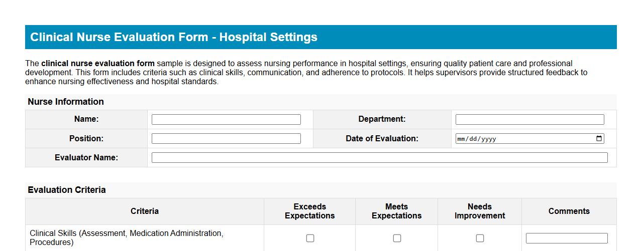 Clinical nurse evaluation form sample for hospital settings image preview