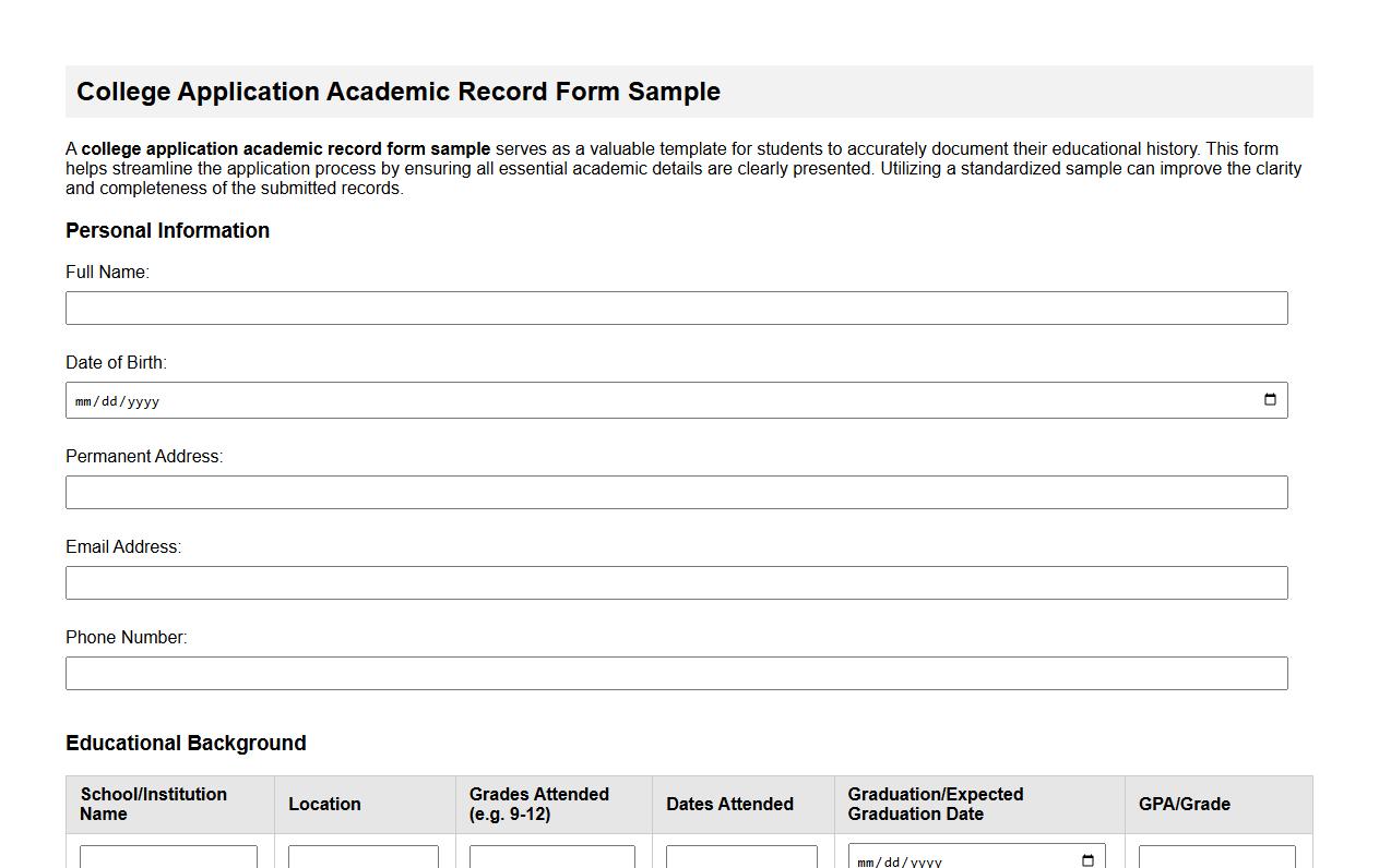 College application academic record form sample image preview