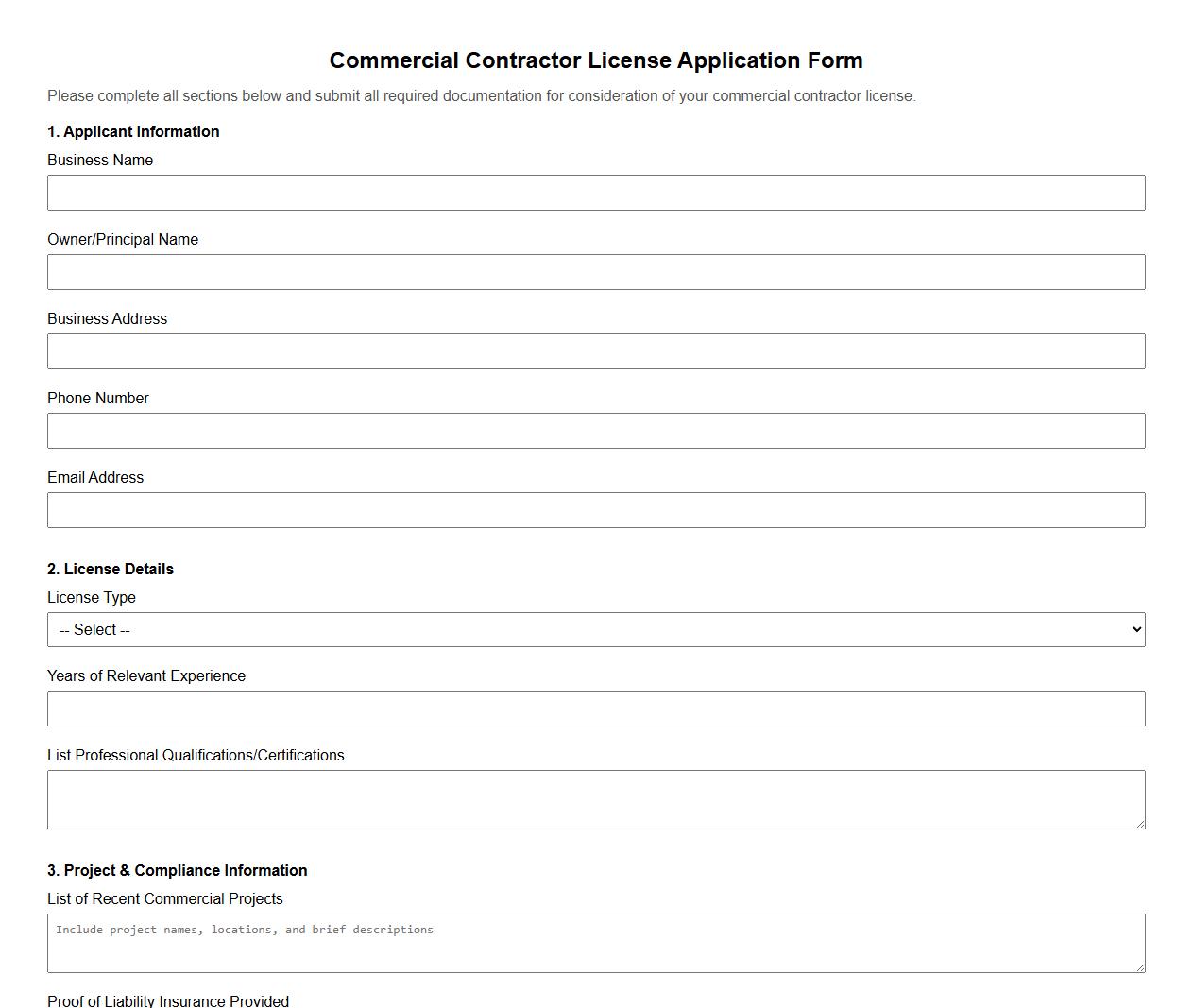Commercial contractor license form example image preview