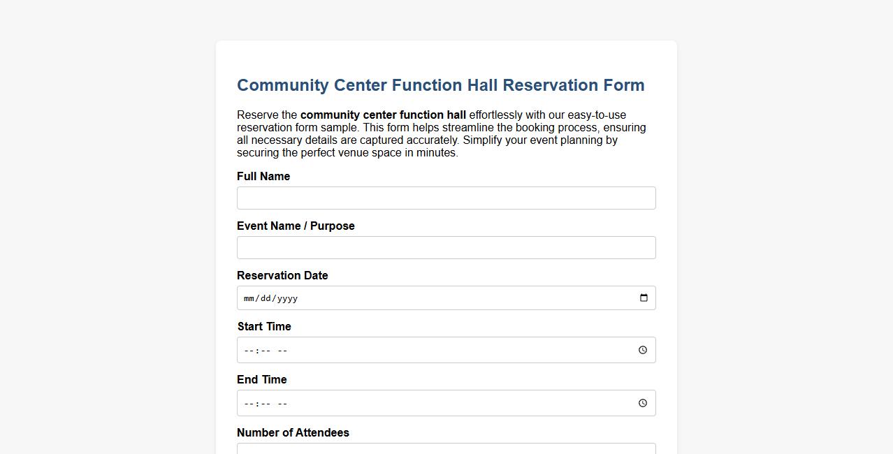 Community center function hall reservation form sample image preview