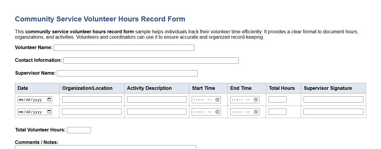 community service volunteer hours record form sample image preview
