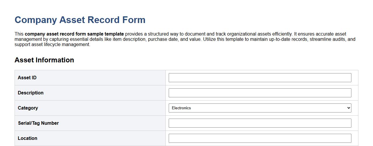 company asset record form sample template image preview