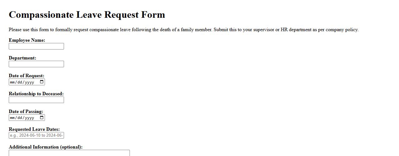 Compassionate leave form sample for death in family image preview