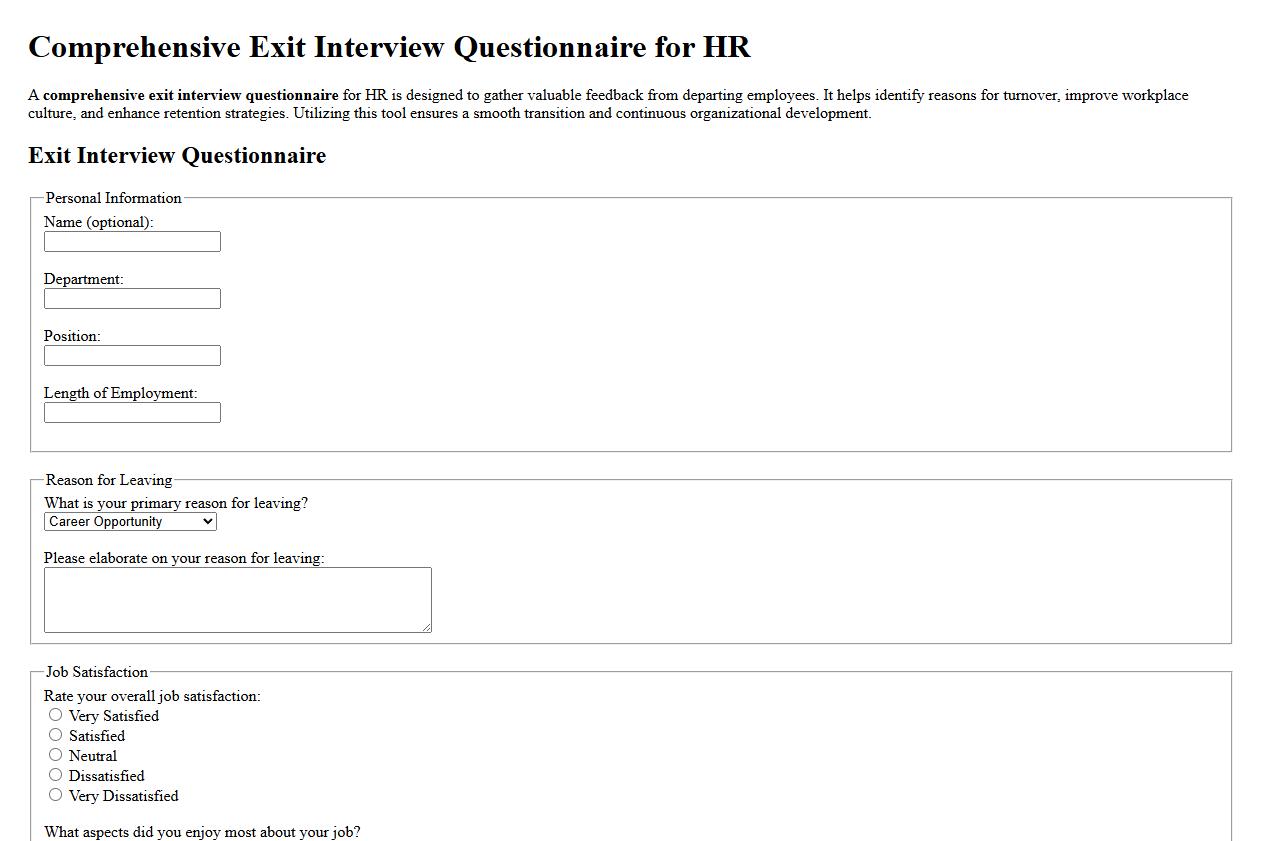 Comprehensive exit interview questionnaire for HR image preview