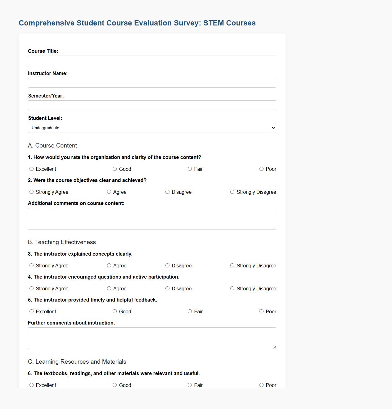 comprehensive student course evaluation survey form sample for STEM courses image preview