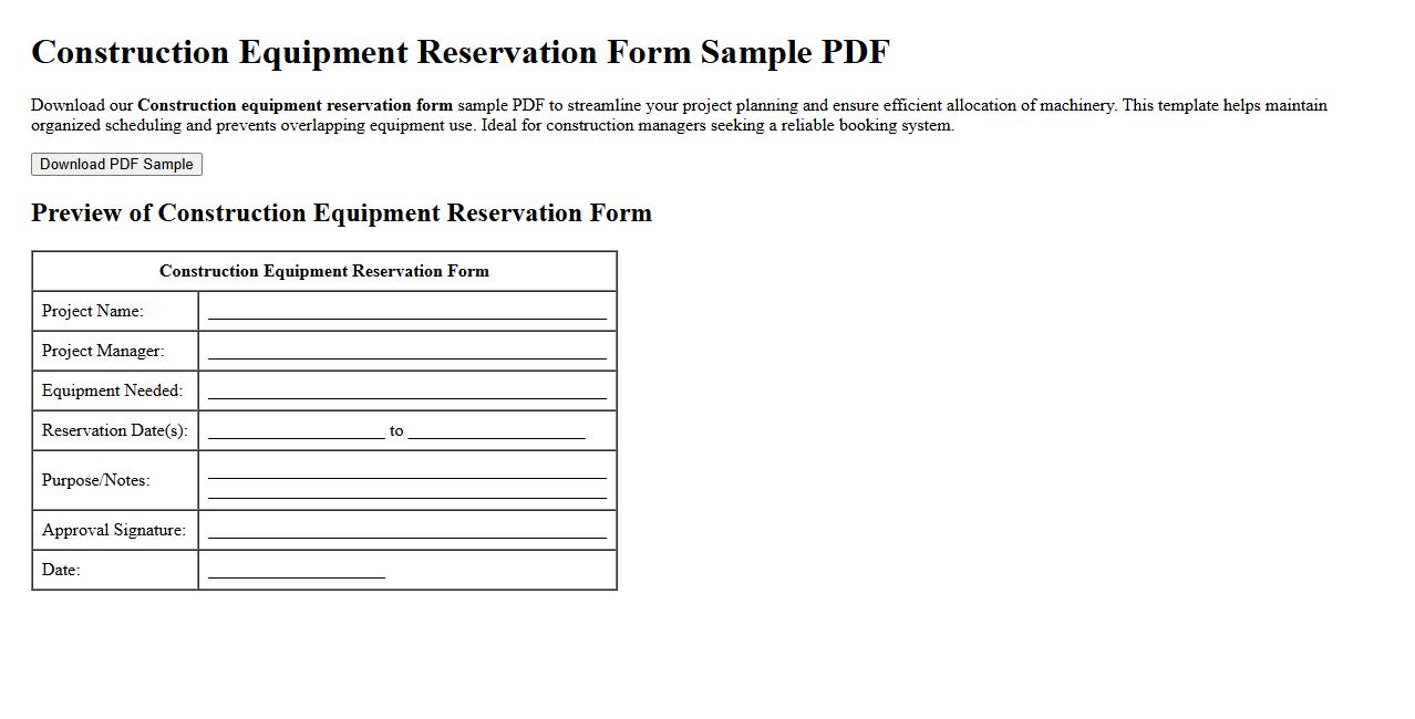 Construction equipment reservation form sample PDF image preview