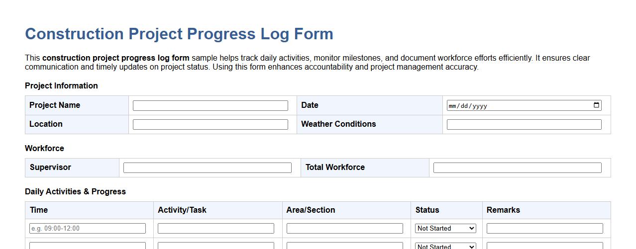 construction project progress log form sample image preview