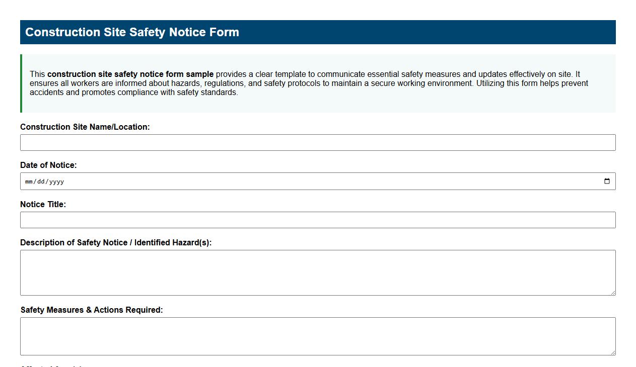 construction site safety notice form sample image preview