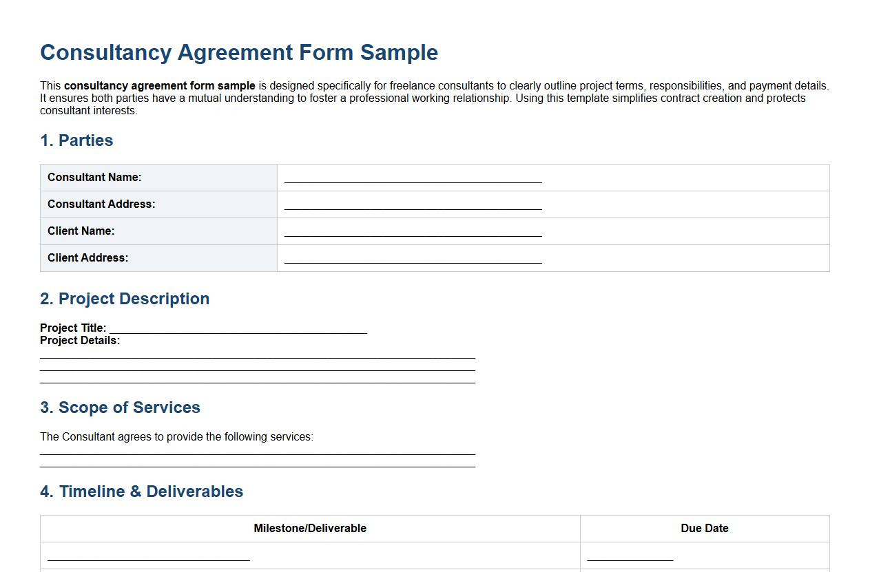 Consultancy agreement form sample for freelance consultants image preview