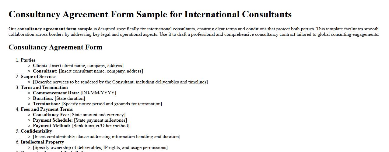 Consultancy agreement form sample for international consultants image preview