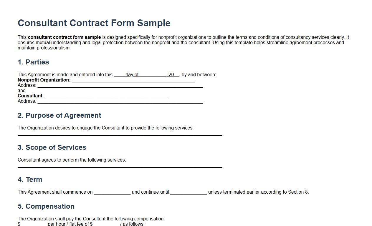 consultant contract form sample for nonprofit organizations image preview