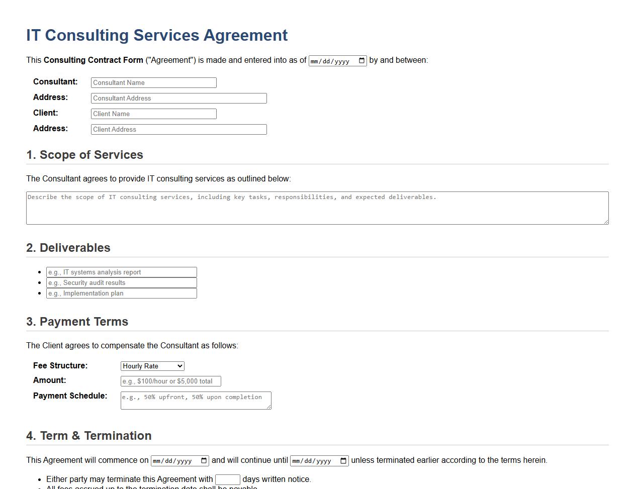 consulting contract form sample for IT consulting services image preview